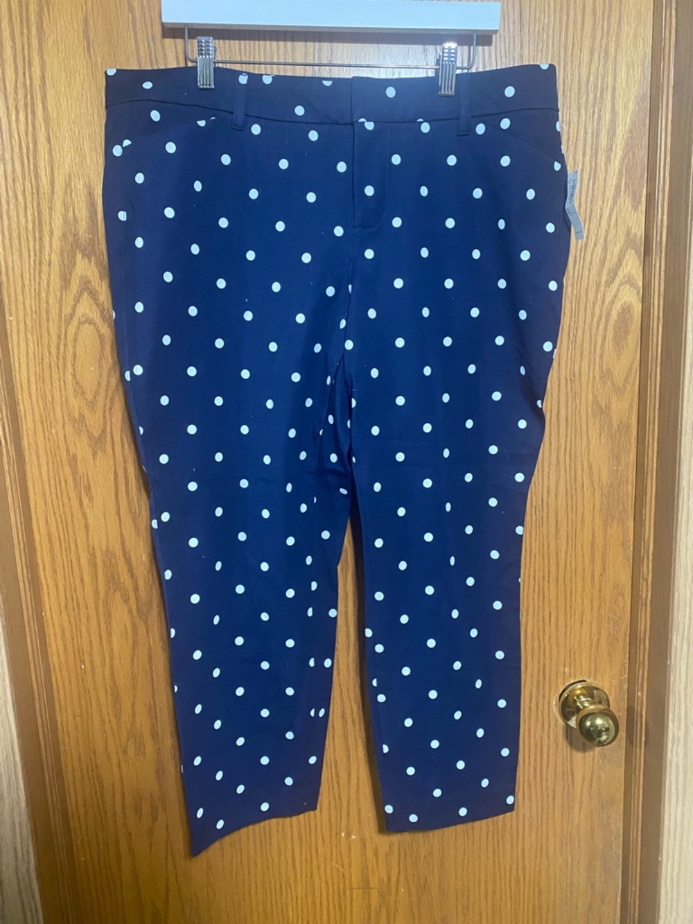 Mid-Rise Printed Pixie Ankle Pants in a navy blue and white polka dot